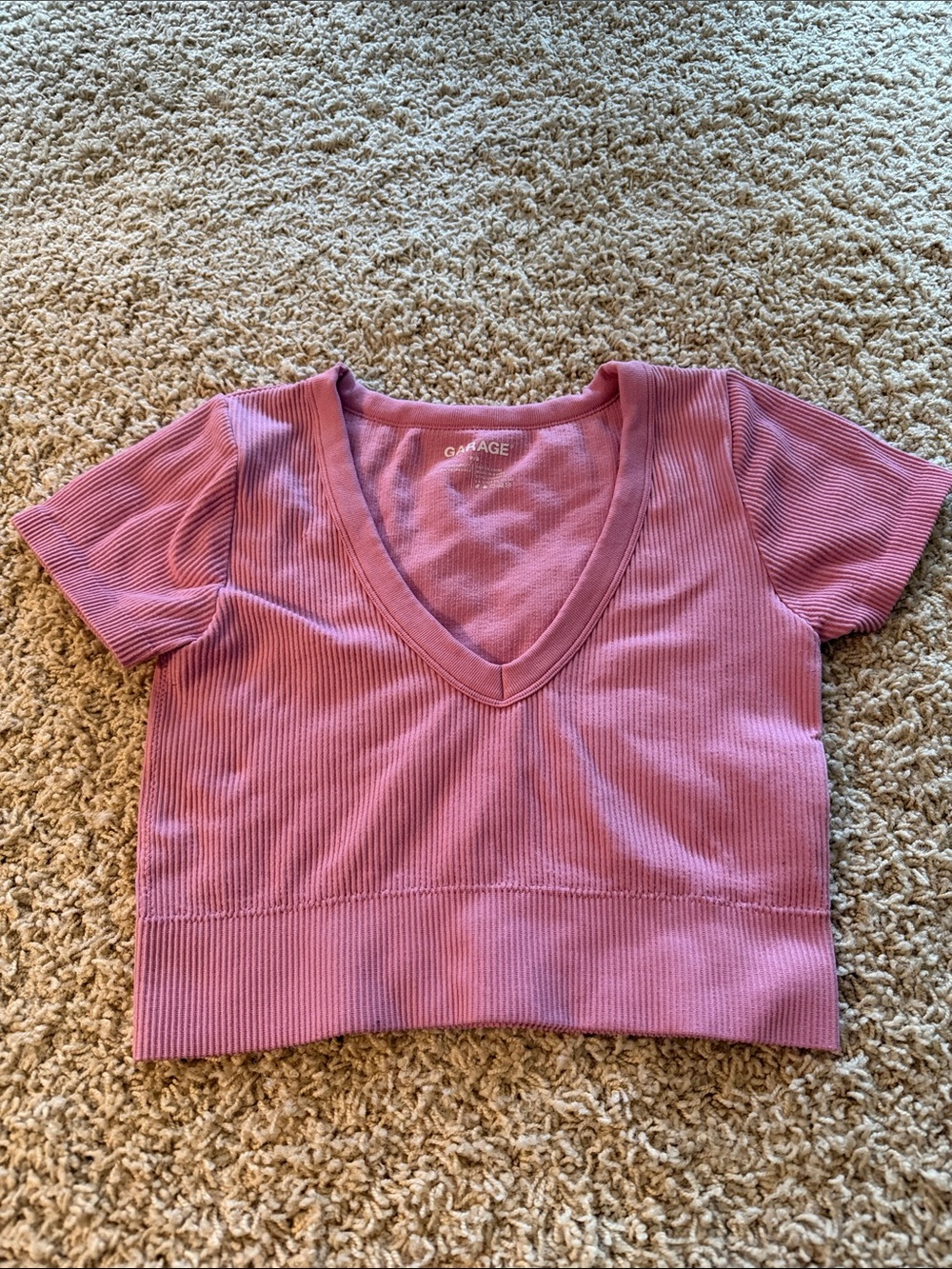 Garage Pink Ribbed V-Neck Cropped Top